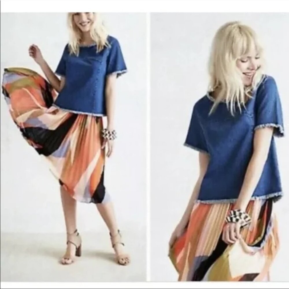 Maeve Anthropologie Frayed Fringe Short Sleeve Jean Denim Top Shirt Blue XS‎